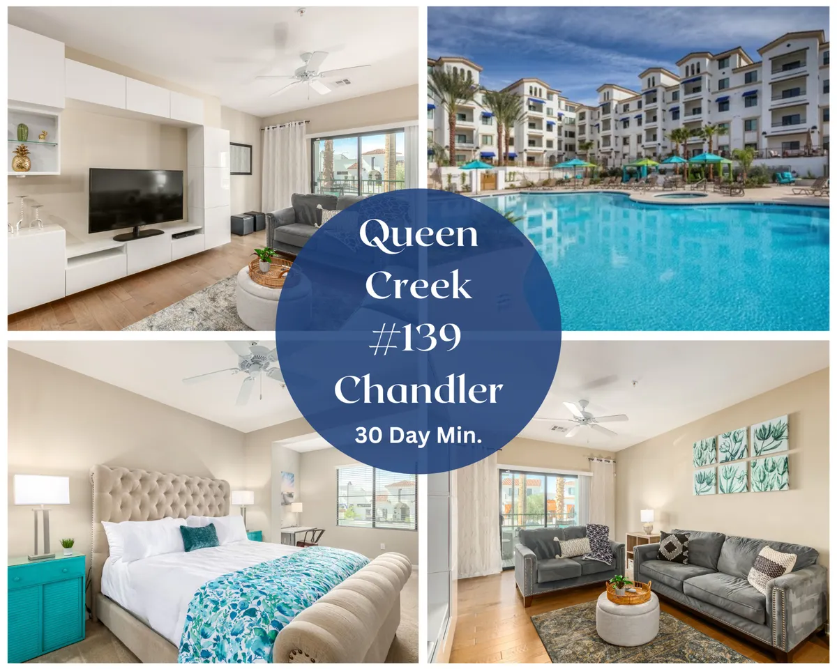 The hero image showcases a spacious, modern living room adorned with stylish furniture and bold wall art, seamlessly flowing into a cozy bedroom. Large windows bathe the space in sunlight, while glimpses of the sparkling outdoor pool hint at resort amenities just steps away.